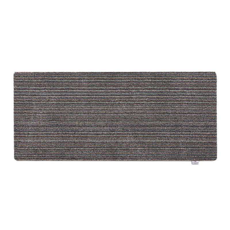 Candy Rocks Striped Washable Runner- a 100% recycled material runner featuring a subtle striped pattern in shades of beige, grey, and orange. 