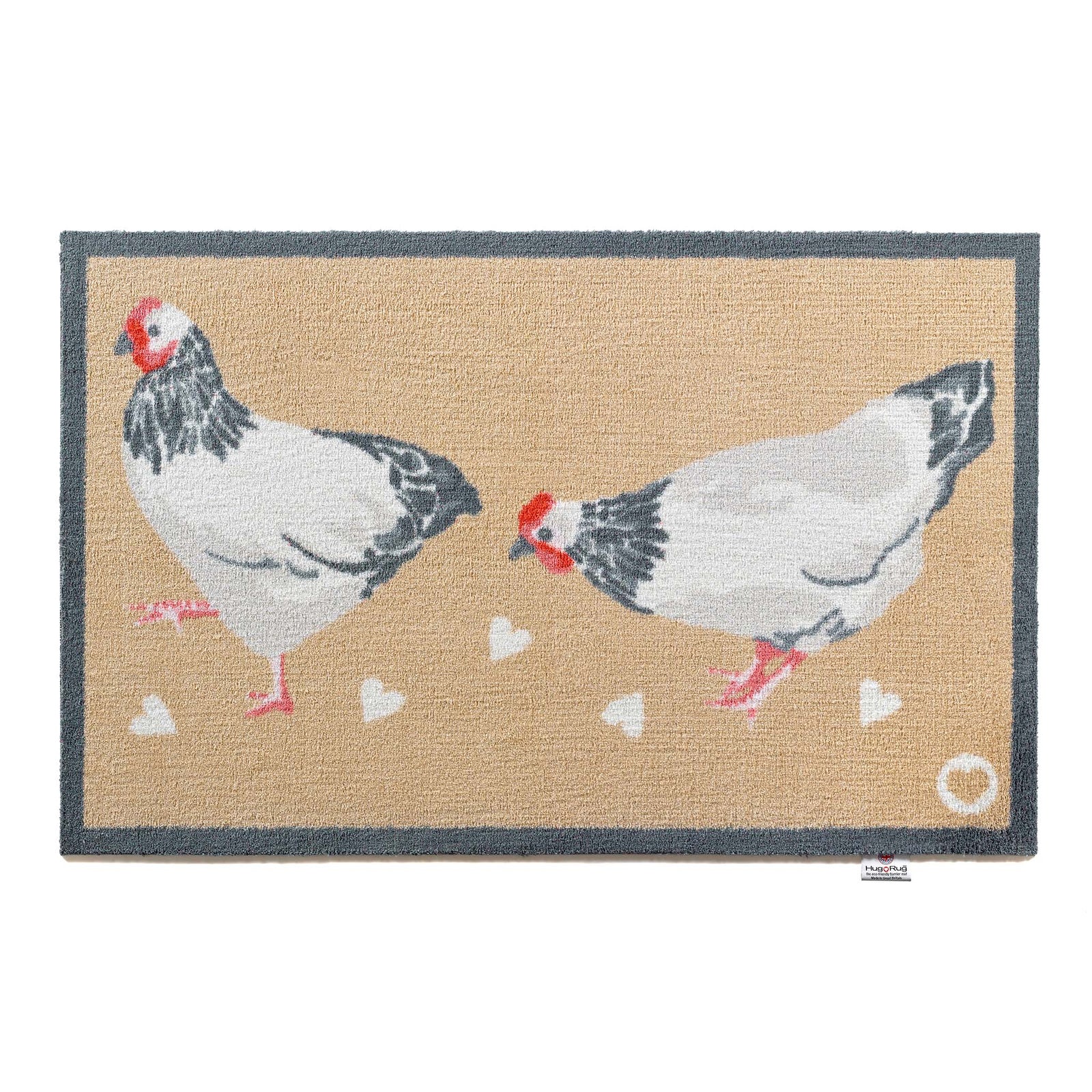 Chicken 1 Beige Washable Doormat with a chicken and love heart design.