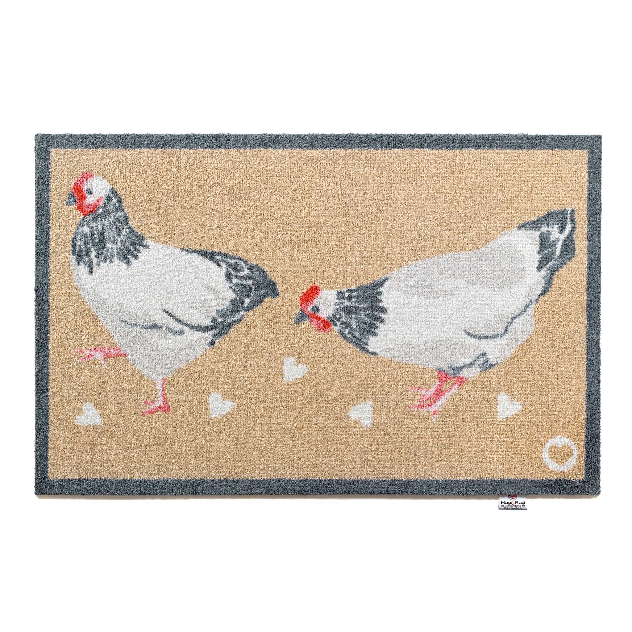 Chicken 1 Beige Washable Doormat with a chicken and love heart design.