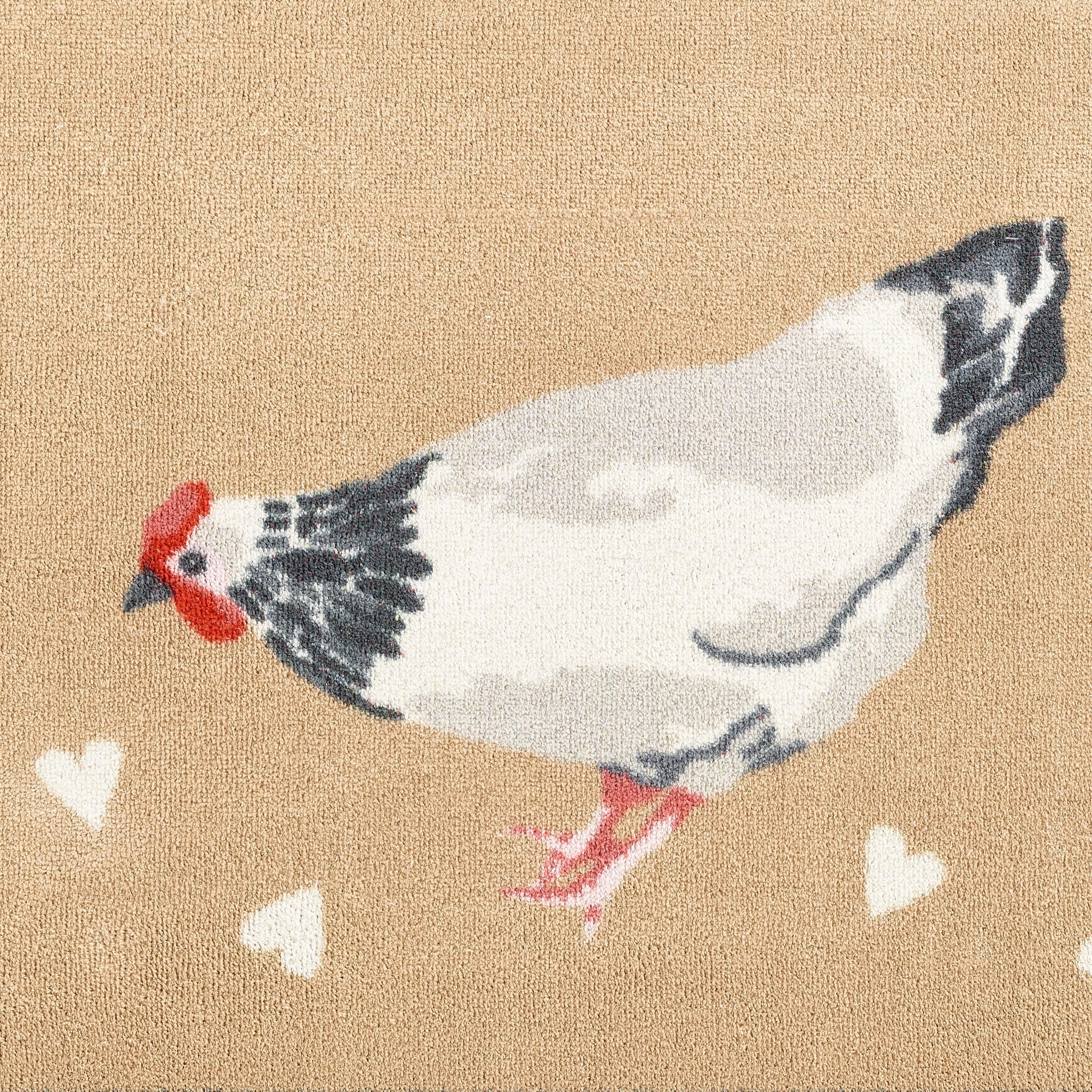 Chicken 1 Beige Washable Runner- a 100% recycled cotton runner featuring three white and grey chickens pecking at scattered white hearts. 