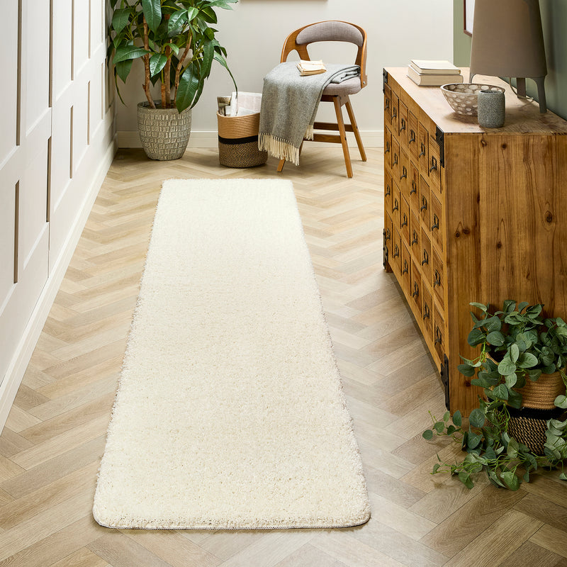My Rug Ivory White Runner with a shaggy pile, styled in a hallway. 