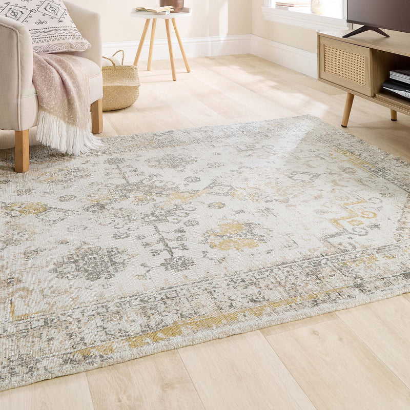 Vogue Light Grey/Ochre Rug made from 100% PET recycled materials, featuring a worn out vintage inspired design.