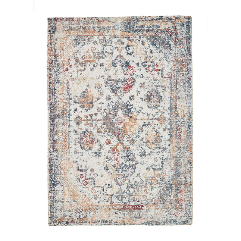 Vogue Navy/Rust Rug made from 100% PET Recycled materials, featuring a worn out vintage inspired pattern. 