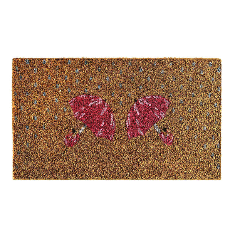 Printed Coir Umbrella Doormat made from natural coconut husk fibres, featuring two pink umbrellas.
