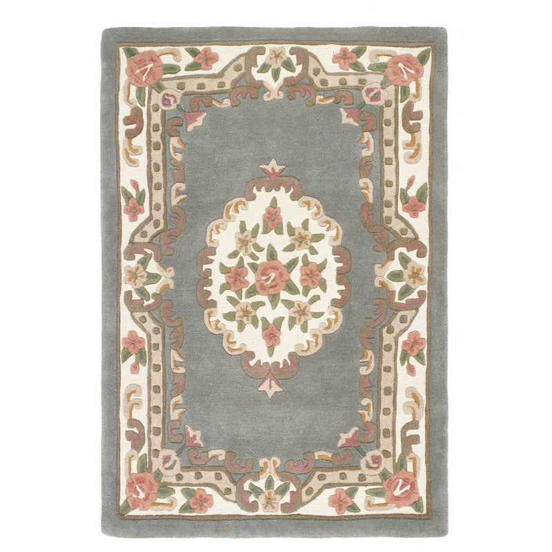 Shensi Aubusson Grey Rug made from 100% wool, featuring an ornate design. 