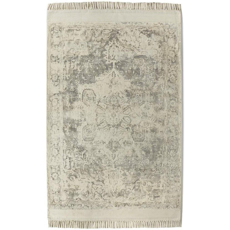 Vintage Fringe Mocha/Oyster Rug made from 100% viscose, featuring a silver and white pattern.